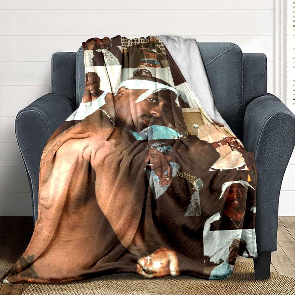1pc 2PacHip Hop Blanket Soft Lightweight All Season Multi Purpose Throw for Sofa, Bed, Office & Picnics, French Style with Iconic Album Art & Quotes