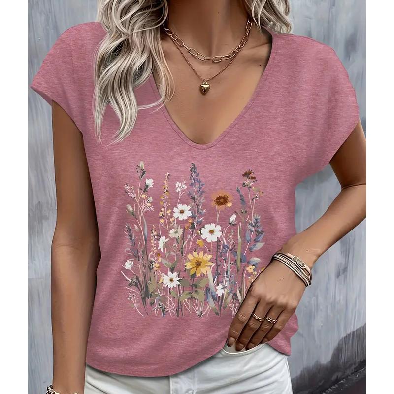

Fashion Star Flower Painting Blouses Short Sleeved V-Neck T Shirts Casual 8XL рожевий