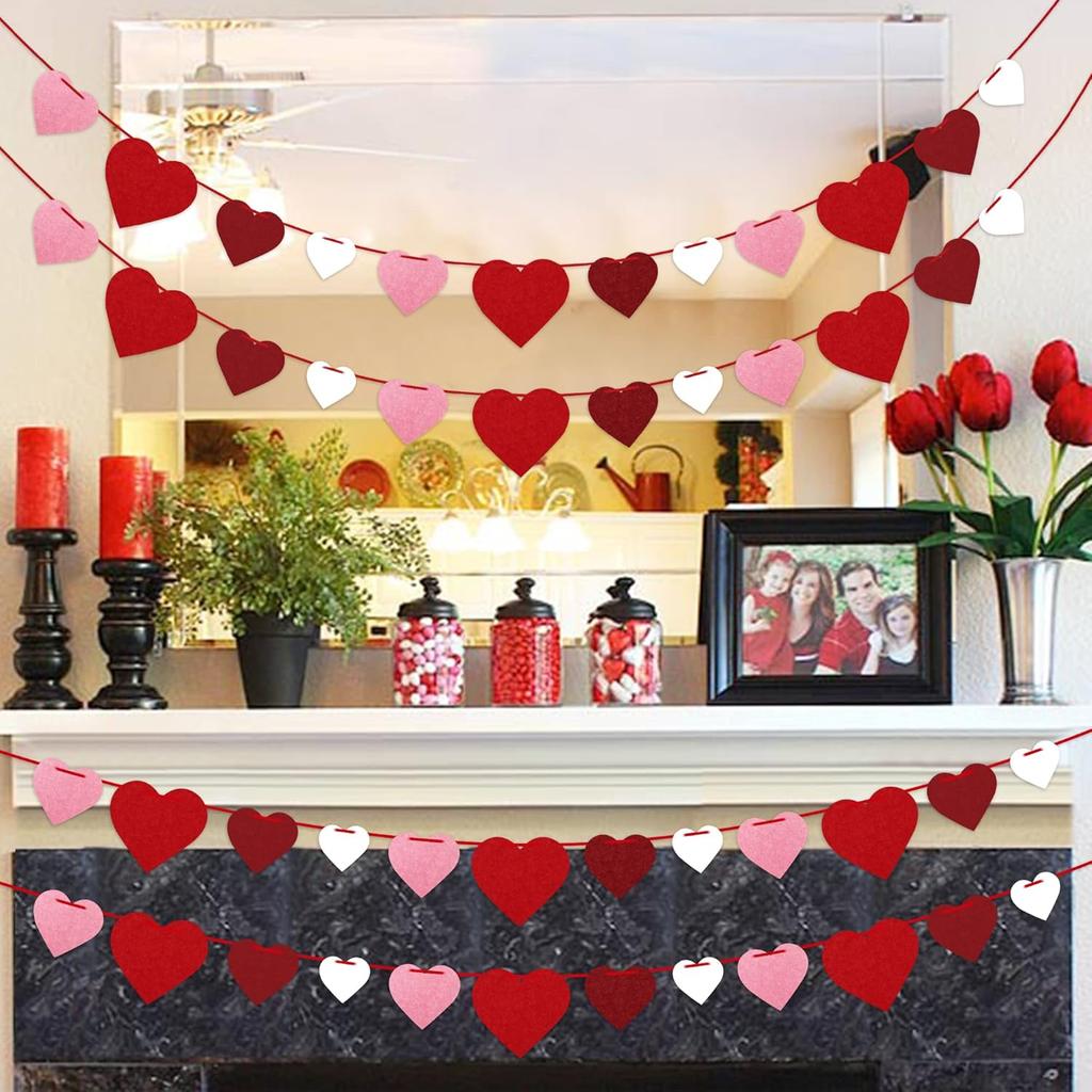 4Pcs Valentines Felt Heart Garland Banner- NO DIY- Valentines Decorations- Valentine Party Decorations Supplies- Valentines Burgundy Pink Red White