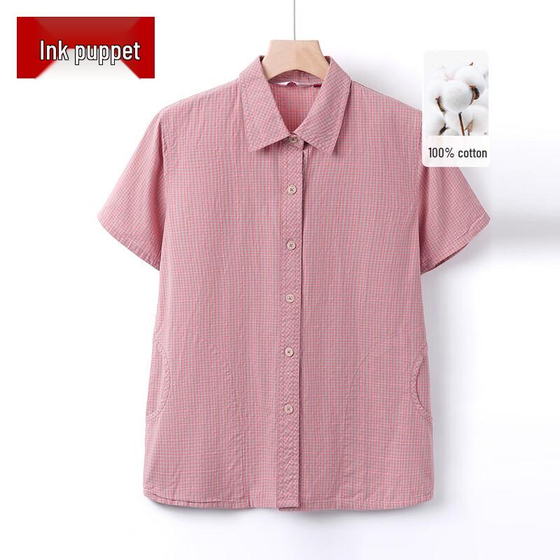 Elderly Women s Summer Plaid Cotton Short-Sleeve Shirt 3XL
