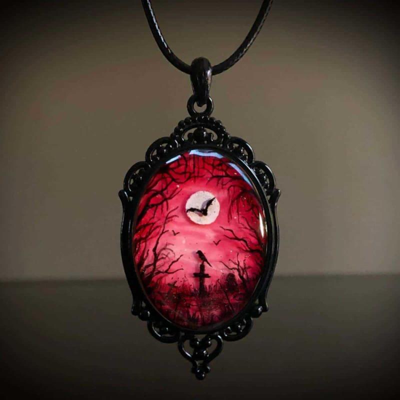 New Gothic Black Crow Cemetery Moon Ghost Forest Oval Pendant Necklace for Women Halloween Party Vampire Artistic Jewelry Gifts