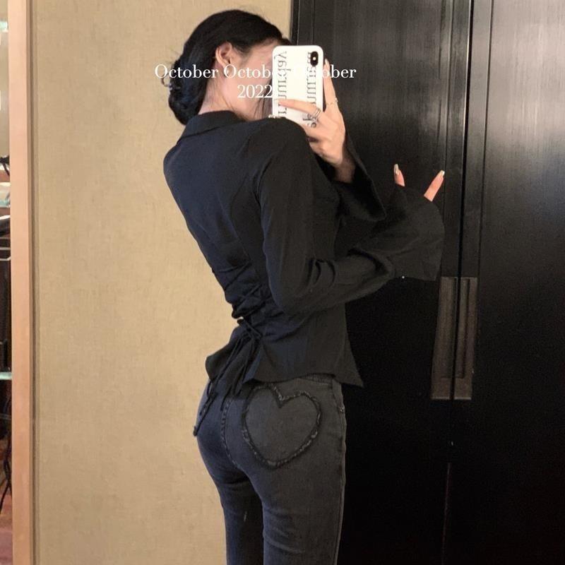 Women's Sexy Waist Cinching Shirt Flared Long Sleeved Lady's Solid Color Shirts High-end Slim Fitting Chic Strap Blouses