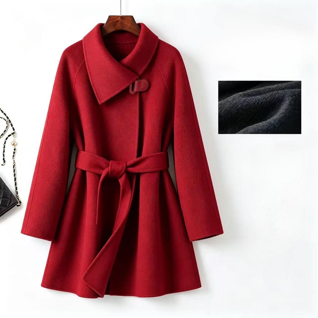 Elegant Double-Faced Velvet Wool Coat for Women: Fashionable, Slim-Fit, Tie-Front Jacket