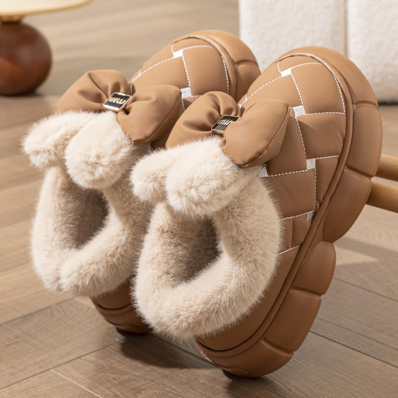 Chunky Platform Cotton Slippers Women 2025 Winter Bowknot Decor Warm Fur Snow Boots Woman Lightweight Soft Thick Sole Home Shoes