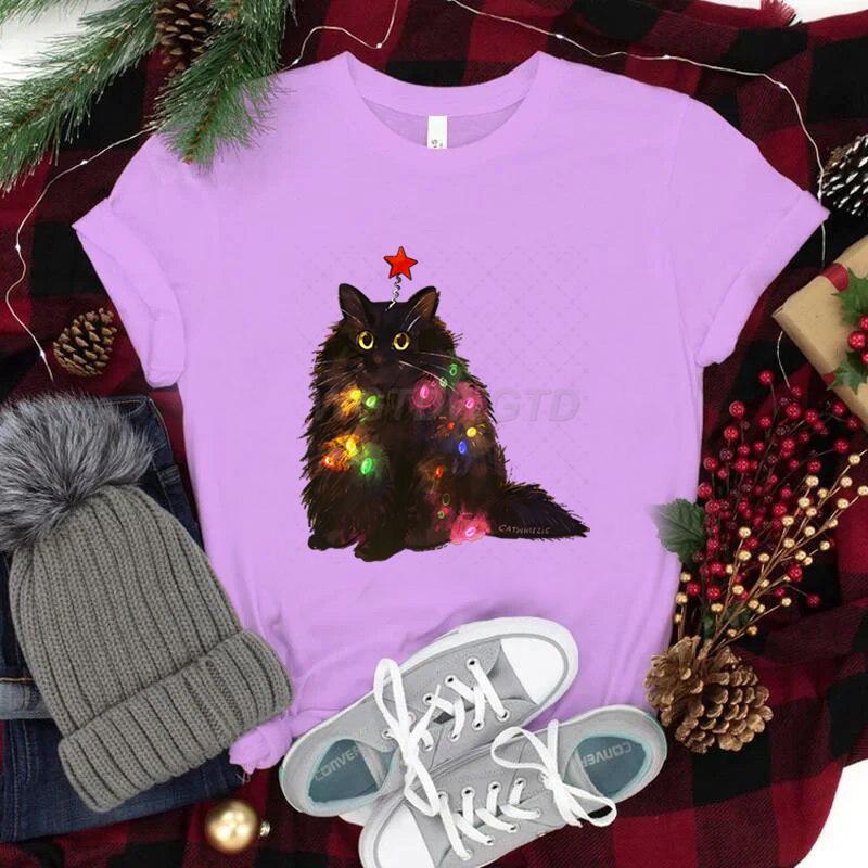 Women Tshirts Christmas Lights Cat Kawaii Cartoon Tops Tees Cute Animal Lover Funny T Shirts Girl Black Cat Fashion Casual Tops