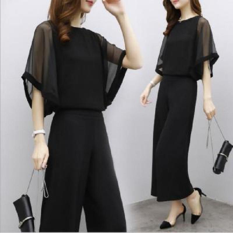 2025 Korean Women's Summer Fashion: Chiffon Top & High-Waist Wide-Leg Pants Set
