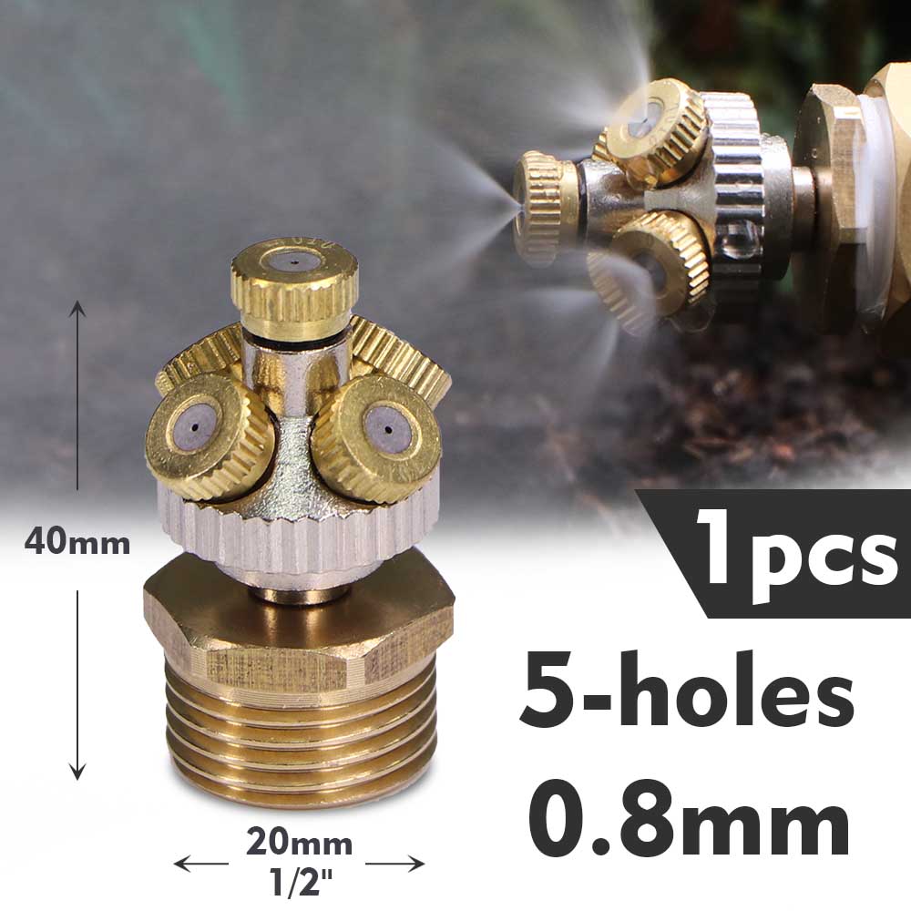 5-holes Misting Nozzle 0.1-1.0mm Fine Atomizer Sprayer 1/2" 20mm Brass Adapter Garden Irrigation Humidification Cooling Watering