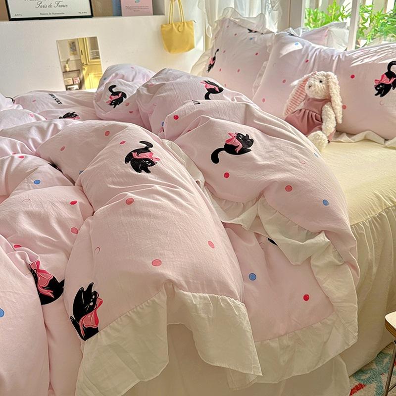 Small Fresh Pure Cotton Four-piece Set Lace Korean Version Princess Style Washed Cotton Bed Skirt Quilt Cover Cream Style Bedding
