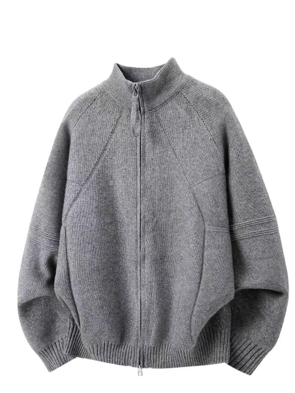 Autumn Winter Heavyweight Zipper Stand Collar Loose Knit Cardigan M