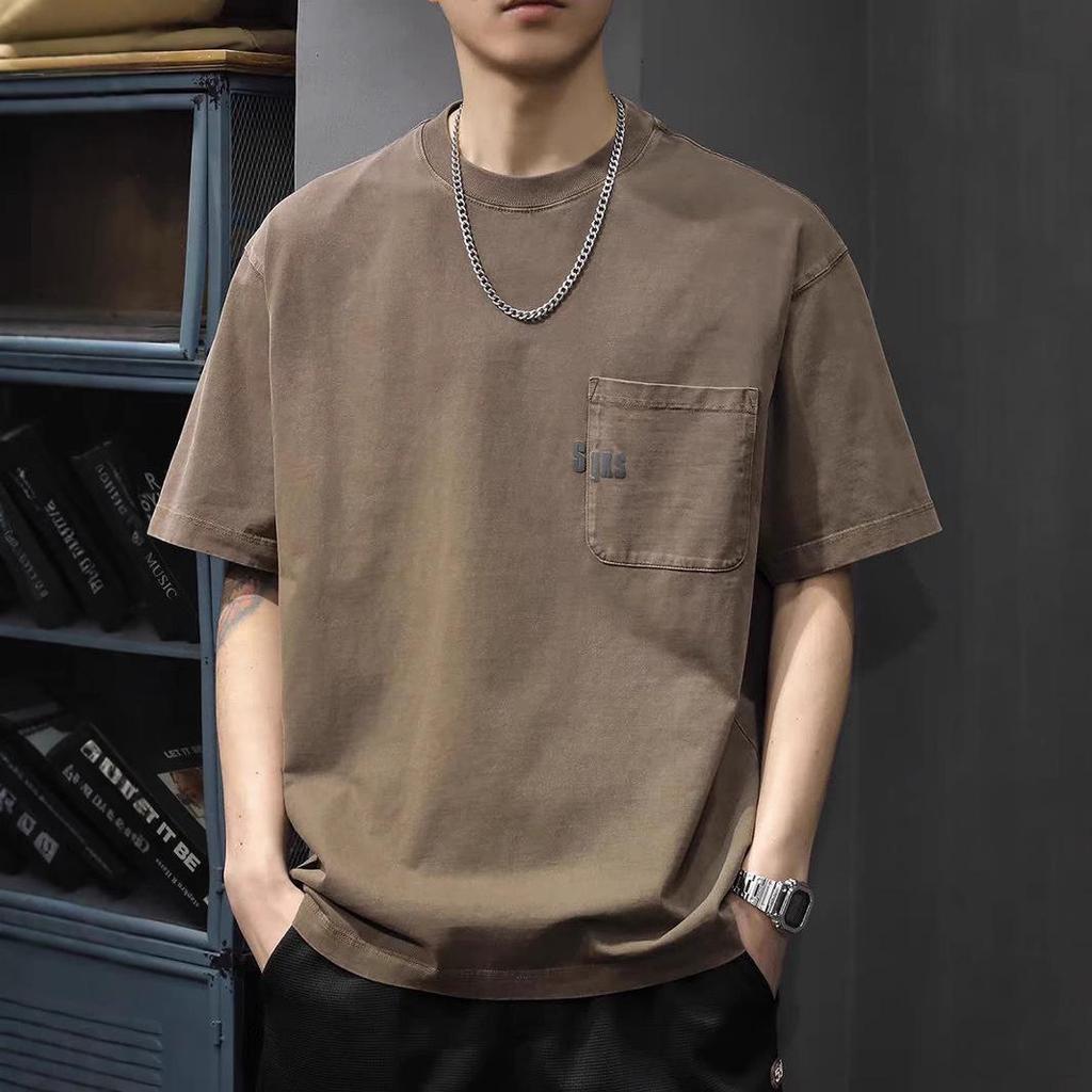 Men's Vintage Washed Cotton T-Shirt - Retro Heavyweight, Ribbed Neckline, Short Sleeve, Loose Fit