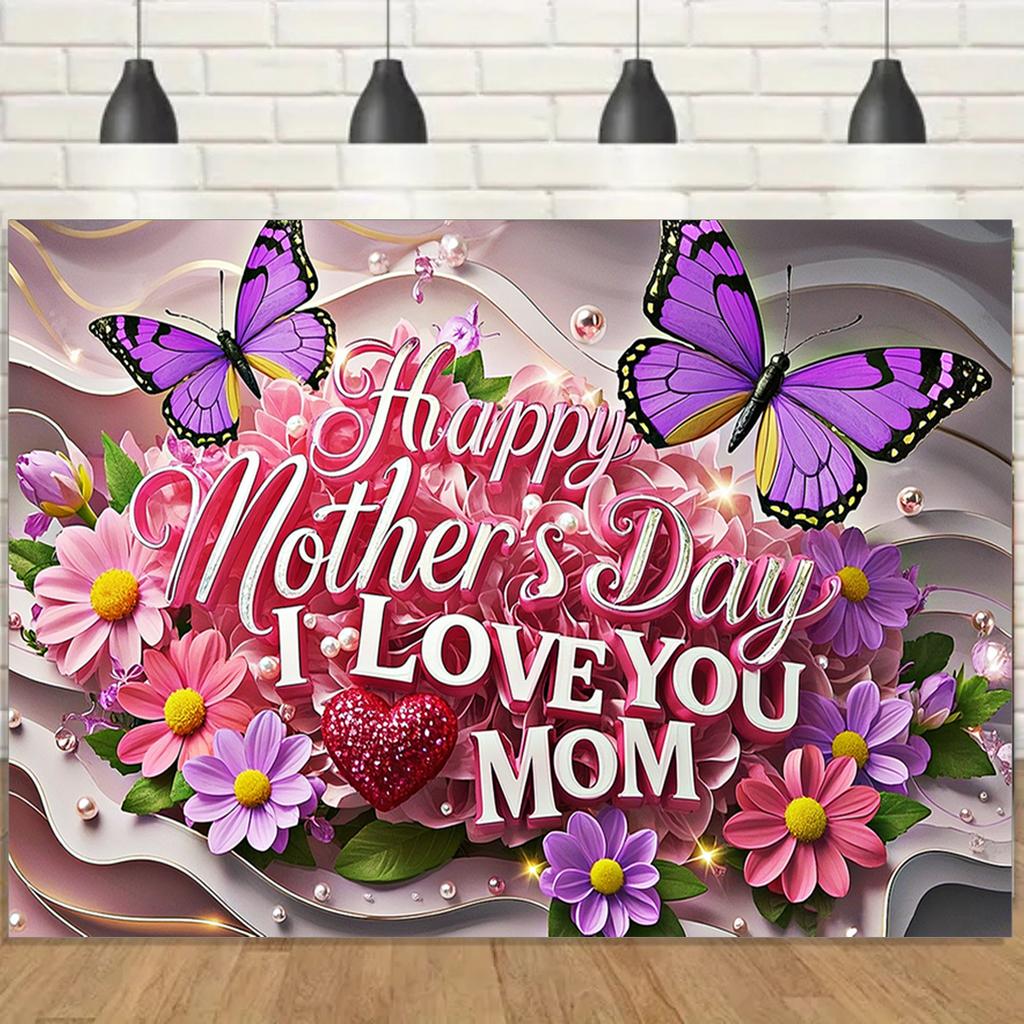 Mother's Day Floral Backdrop with Floral&Butterfly Element Design,Wall Decor,Gift,Festive Wall Covering,Rustic Background