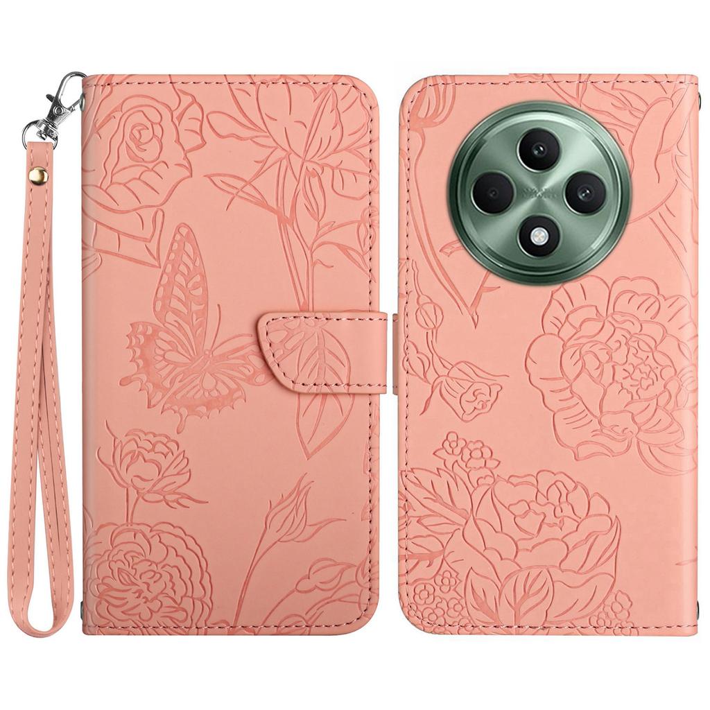 HT03 Für Oppo Reno12 F 5G Lederhülle mit Handschlaufe Schmetterling Blumen Prägung