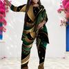 Women Plus Size Round Neck Long Sleeve Green Black Gold Printed Layered Top And Long Pants Two Piece Set
