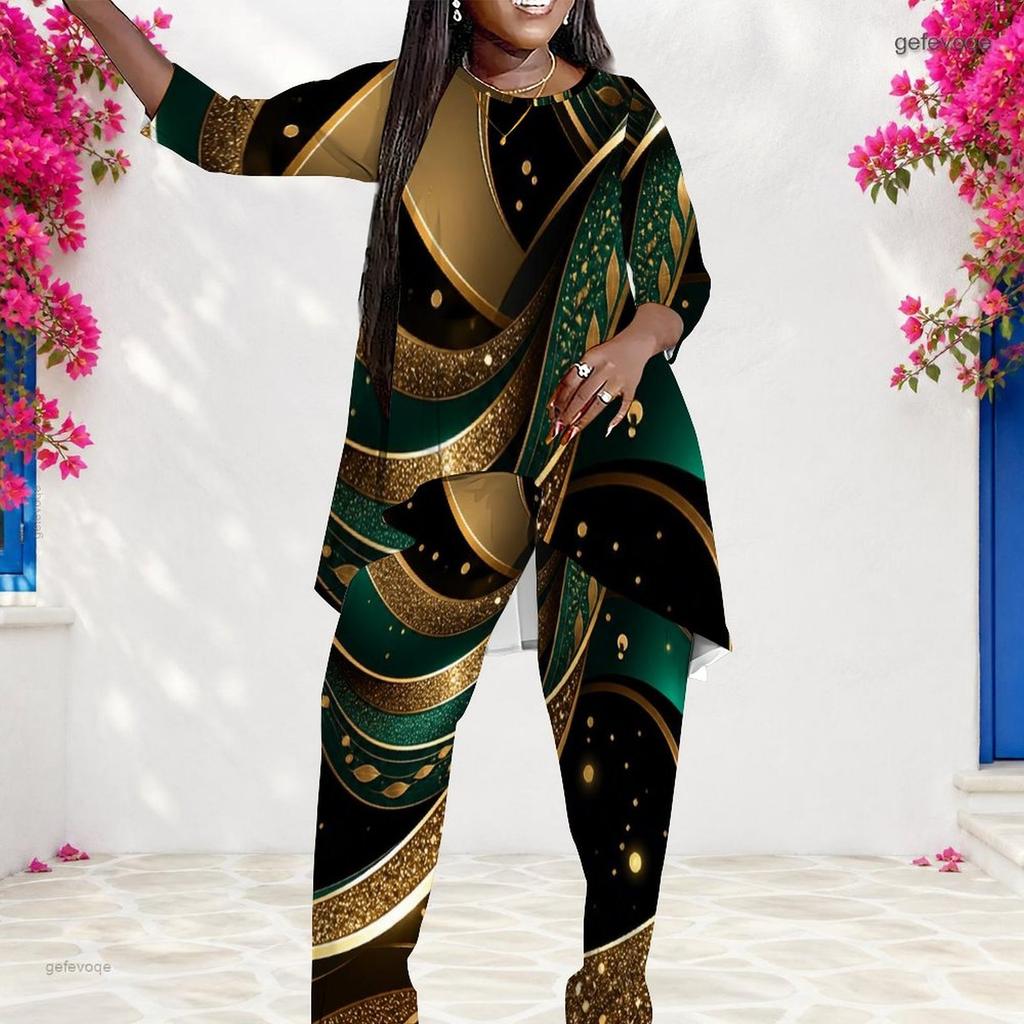 Women Plus Size Round Neck Long Sleeve Green Black Gold Printed Layered Top And Long Pants Two Piece Set