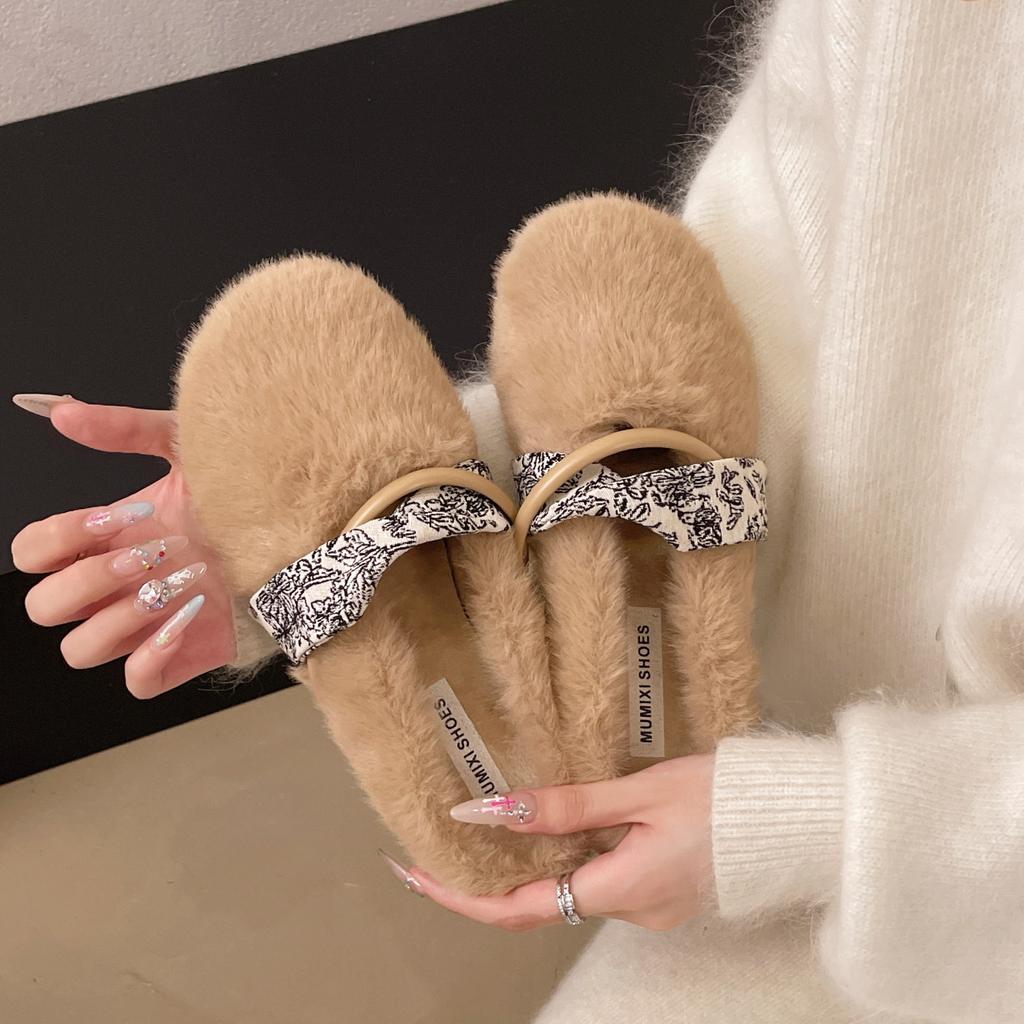 Mink Hair Flat-bottomed Plush Shoes for Women's Outer Wear 2025 Autumn and Winter New Warm One-pedal Maternity Cotton Slippers