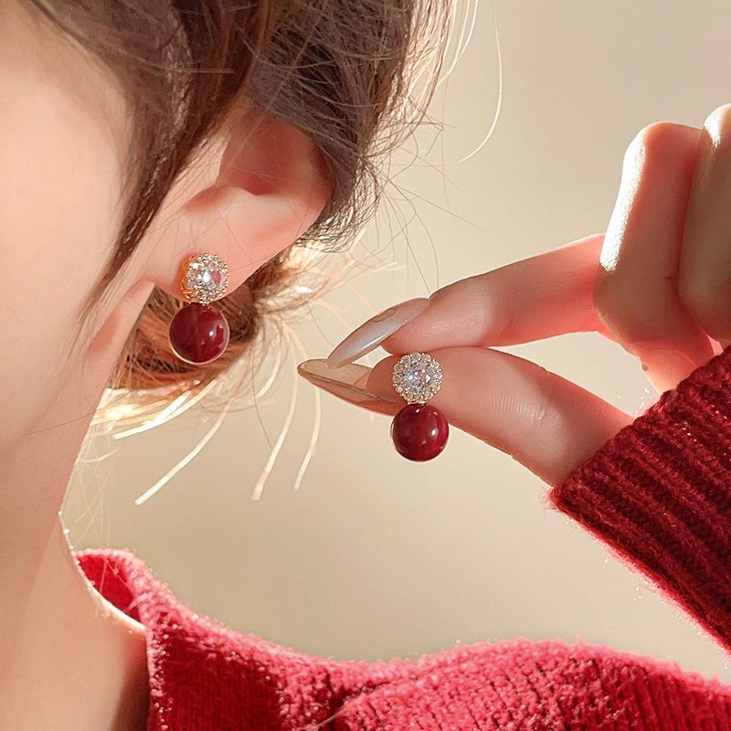 Elegant French Red Pearl Zirconia Stud Earrings for Women - High-End, Fashionable & Versatile Design