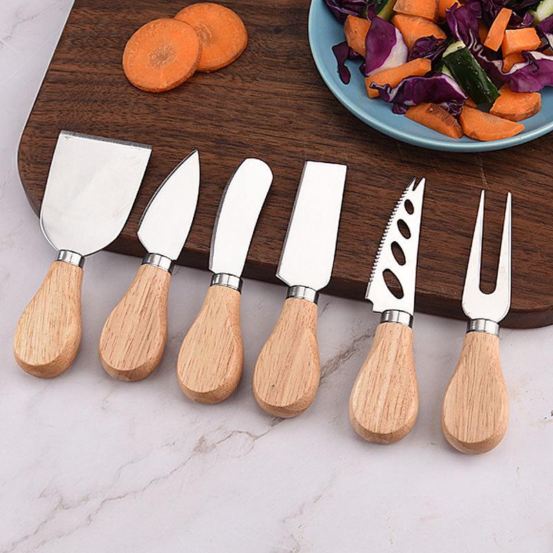 Household Steel Stainless Cheese Butter Knives with Wooden Handle Cheese Slicer Cutter Spatula Fork Kitchen Cooking Baking Tool