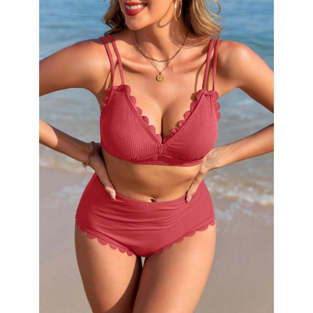 CHARMLEAKS Damskie bikini z falbanką, żebrowane, dwuczęściowe, kostiumy kąpielowe z dekoltem w serek i wysokim stanem