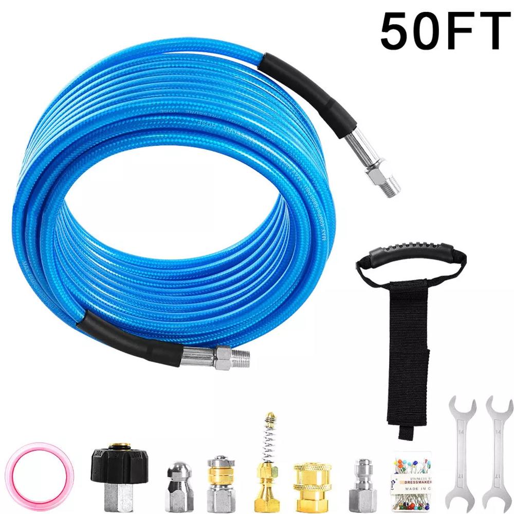 

15 м Шланг для очистки под высоким давлением Труба Прочистка канализации Дноуглубительный очиститель Быстроразъемный Шланг для слива Фитинг 1/4 дюйма M-NPT Бытовые чистящие инструменты синий