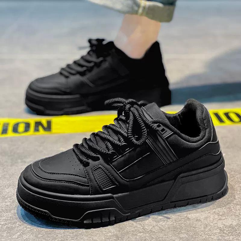 Men's Shoes, Versatile for Spring and Autumn, Casual, Pure Black Board Shoes, Youth Sports, Thick Soled, Height Increasing, Bread and Trendy Shoes