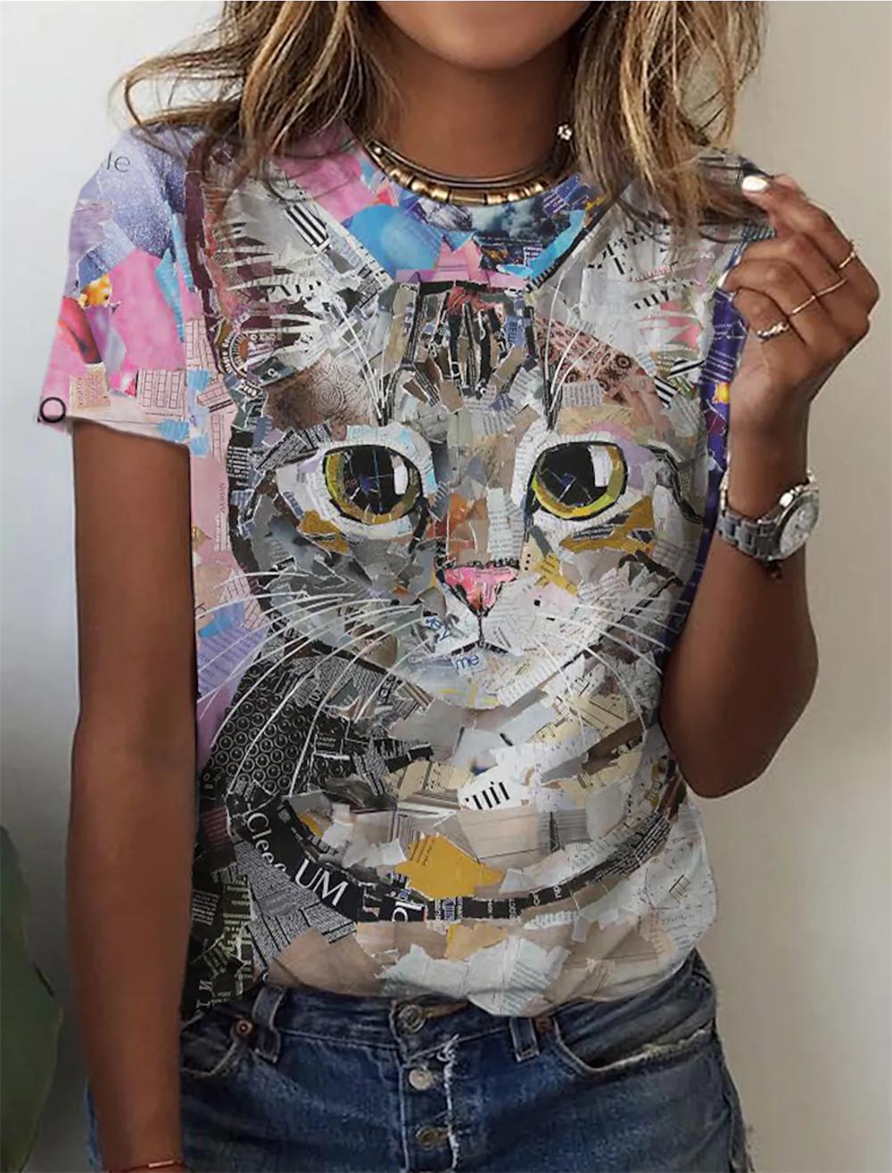 

Летняя женская футболка, женская одежда, Kawaii, эстетичная футболка с 3D принтом кота, женские модные топы с короткими рукавами, футболки, повседневная блузка M