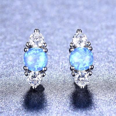 925 Sterling Silver Round White Blue Fire Opal Earrings for Women Small Zircon Birthstone Double Earrings Female Jewelry