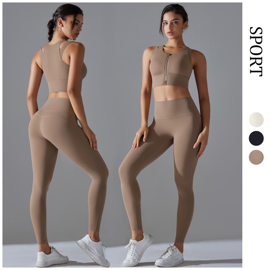 Hochtaillierter Schnelltrocknender Nude Yogaanzug, Modischer BH mit Reißverschluss, Sportset, Outdoor-Lauf- und Fitness-Zweiteiler für Damen