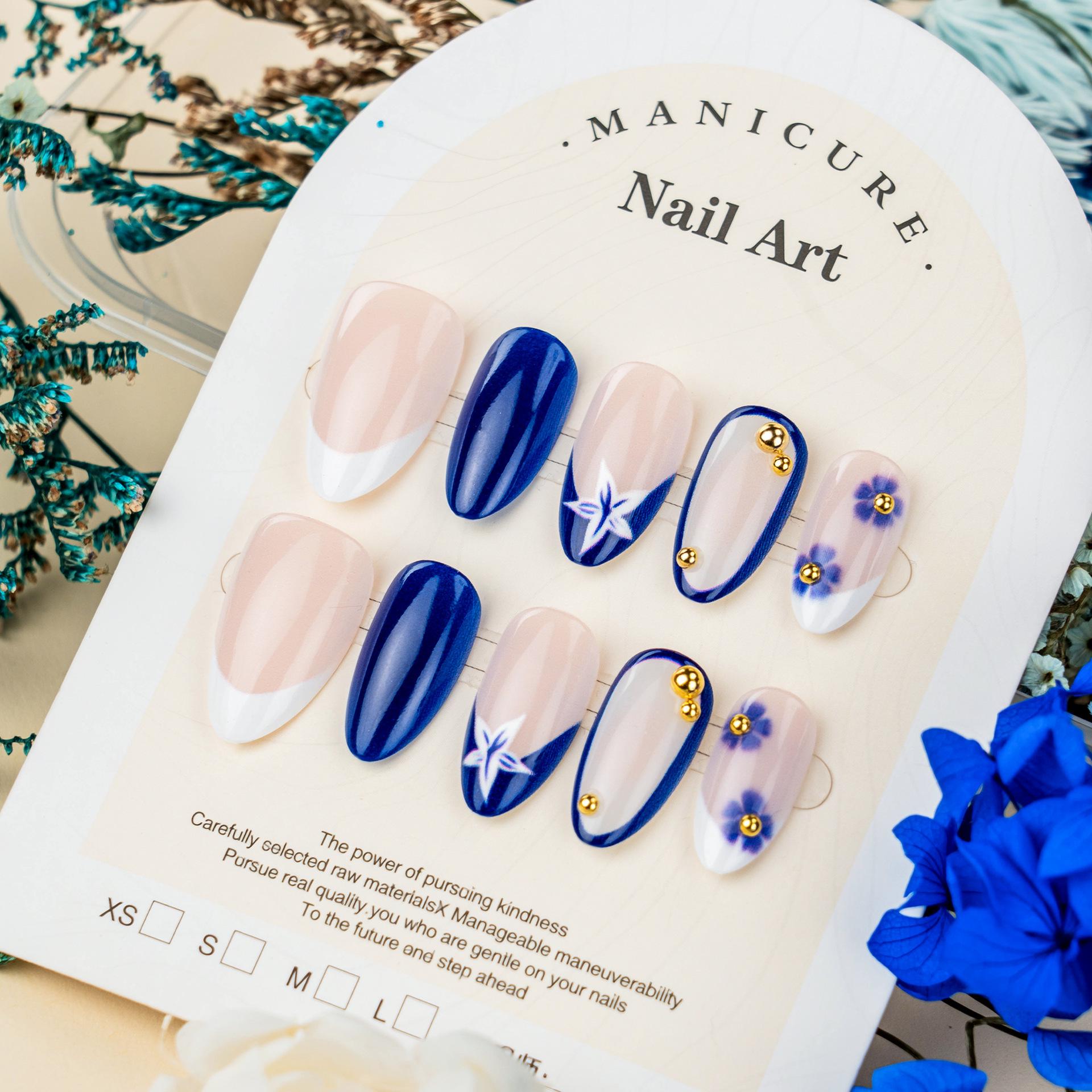 30pcs French Blue Flower Almond Rhinestone Nail Art Stickers: Handmade, Short, Exquisite Wearable Fake Nails