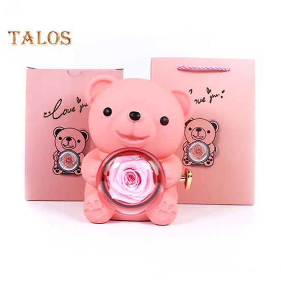 Preserved Rose Hug Bear Gift Box with Handbag Eternal Flower Rotating Bear Jewelry Holder for Women Valentine's Day Anniversary