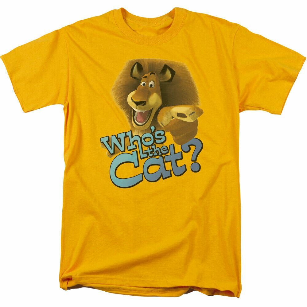 

Madagascar Whos The Cat T Shirt Mens Licensed Movie Tee Alex the Lion Gold L