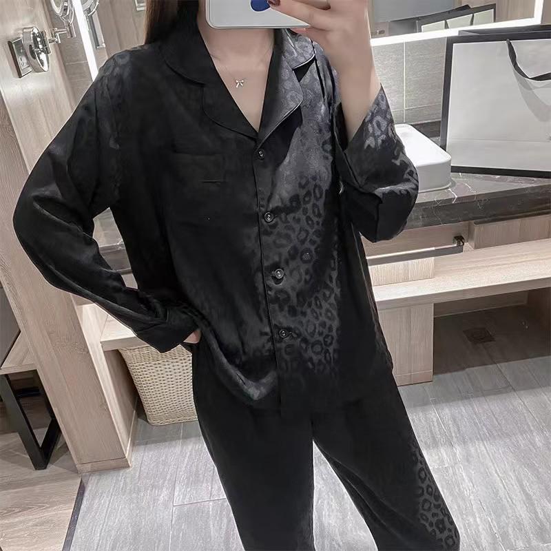 Lace Long Sleeve Black Cardigan Pajamas for Women – Sweet and Loose Spring/Autumn Homewear with Long Pants