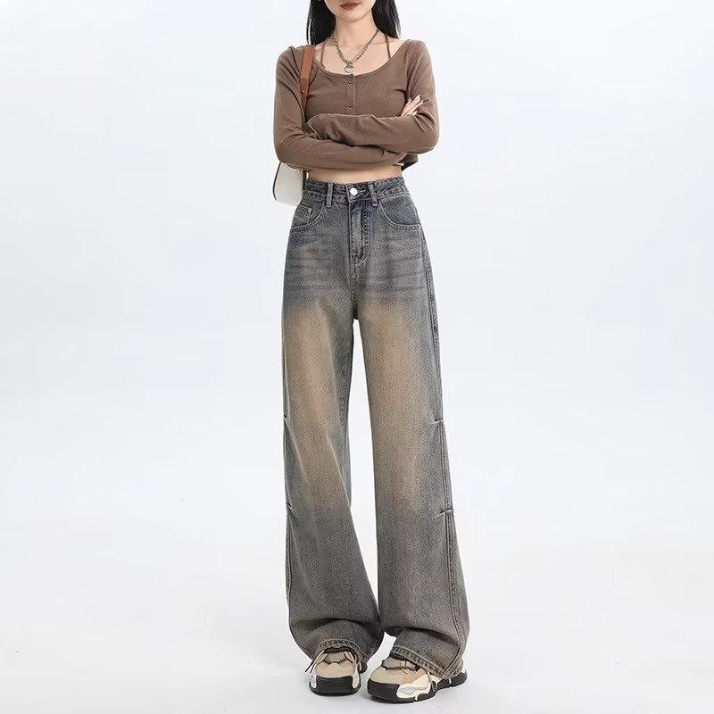 

American retro high-waisted wide-leg jeans for women, 2026 new style, loose, slimming, straight-cut, drapey, floor-length pants XS