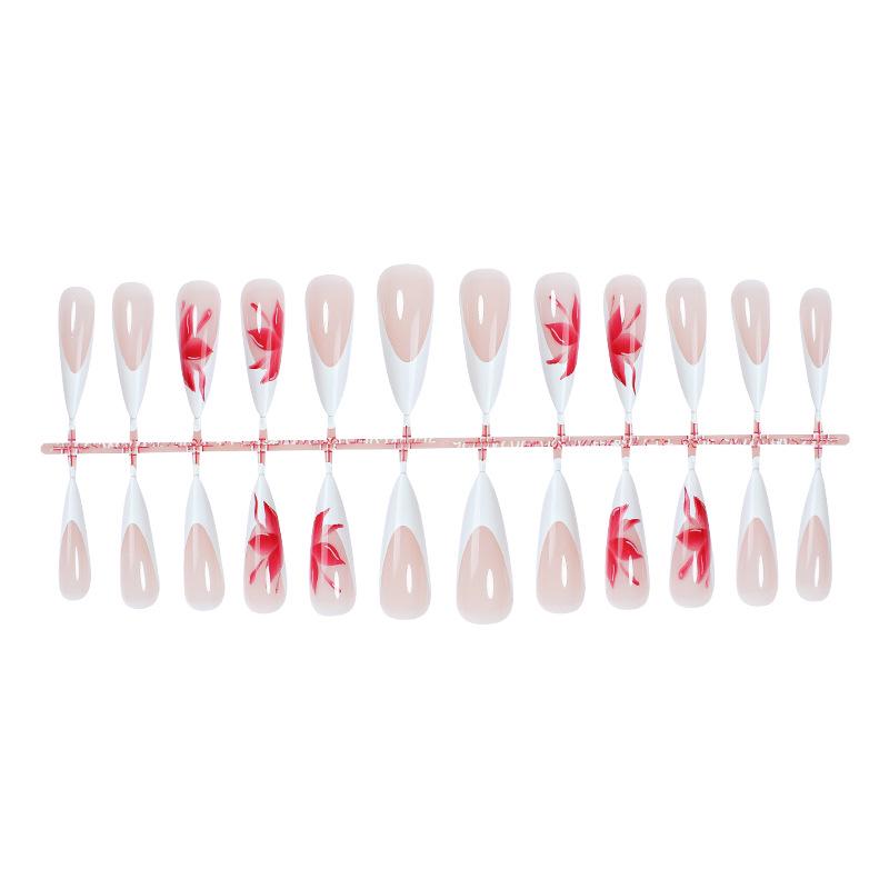 

Длинные красные кленовые листья и белые сердца, носимые французские накладные ногти