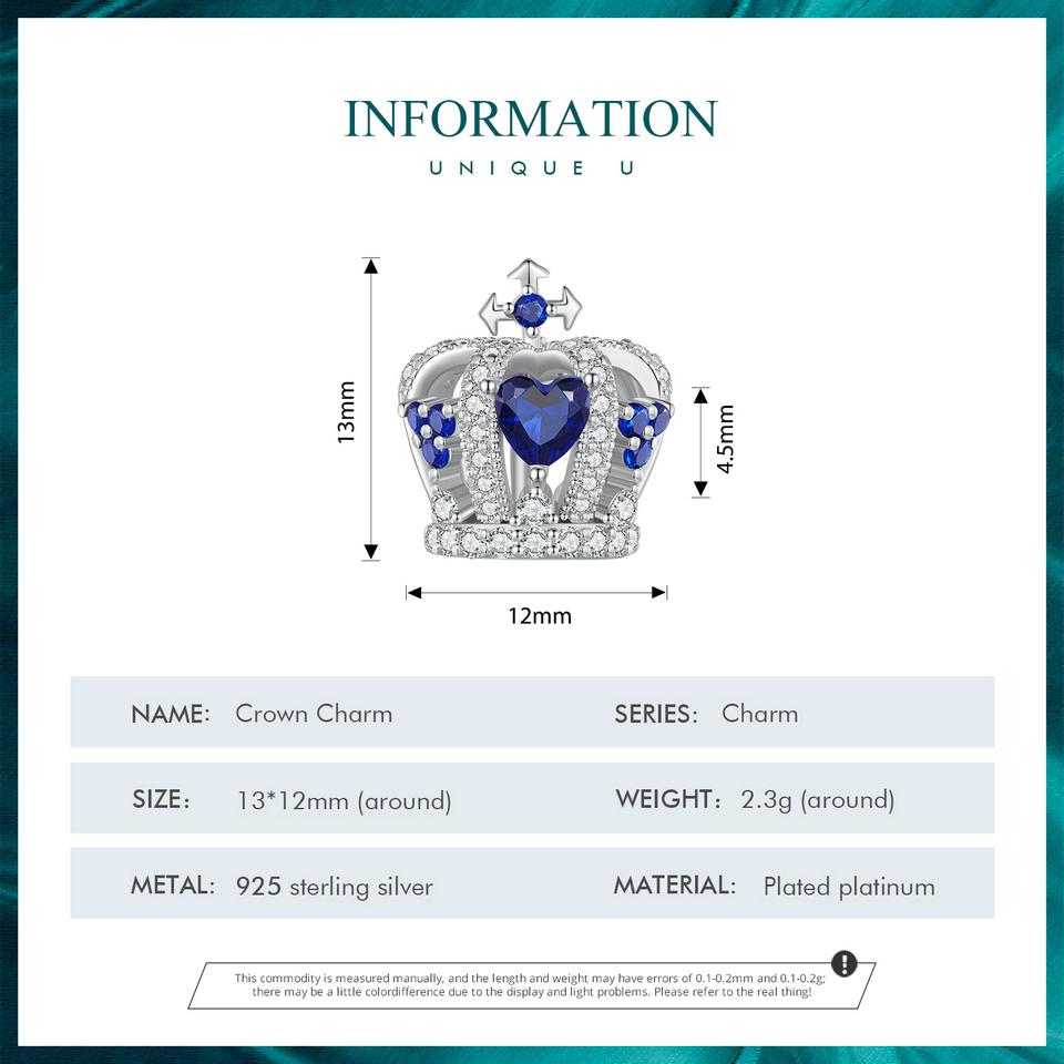 BAMOER 925 Sterling Silver Blue Heart Zircon Crown Bead Vintage Charms for Women Bracelet and Bangle DIY Fine Jewelry