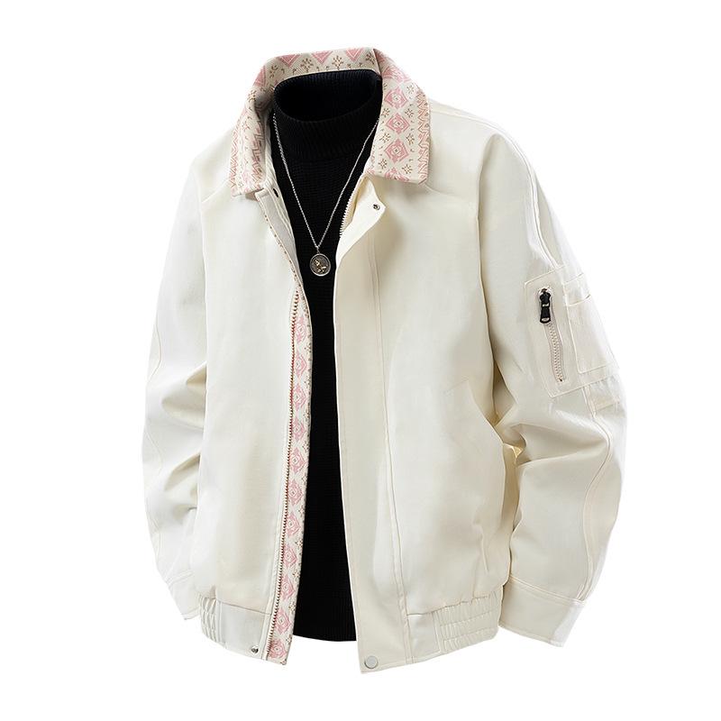 

2026 Retro Ethnic Color Block Lapel Jacket: Versatile Loose Casual Outerwear for Couples in Spring and Autumn XL бежевий