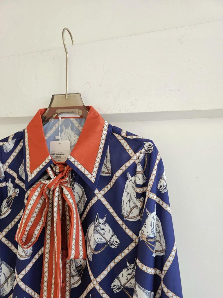 Xue Zhiqian Women's 2026 Silk Tie Shirt with Horse Head Print, Long Sleeve Lapel