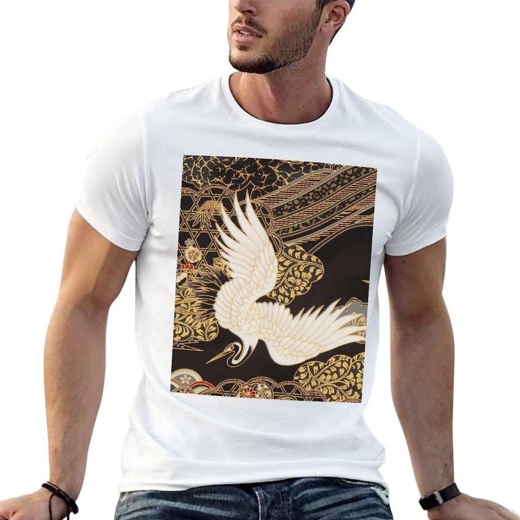 Vintagejapanese Cranes Gold And Black Tshirt Man T Shirt Summer T Shirts For Man Pack White Man T Shirts Graphic Tshirt
