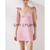 Summer Women's Straight Collar Patchwork Lining Bowknot Decoration Small Plaid Dress 2180305 2180205