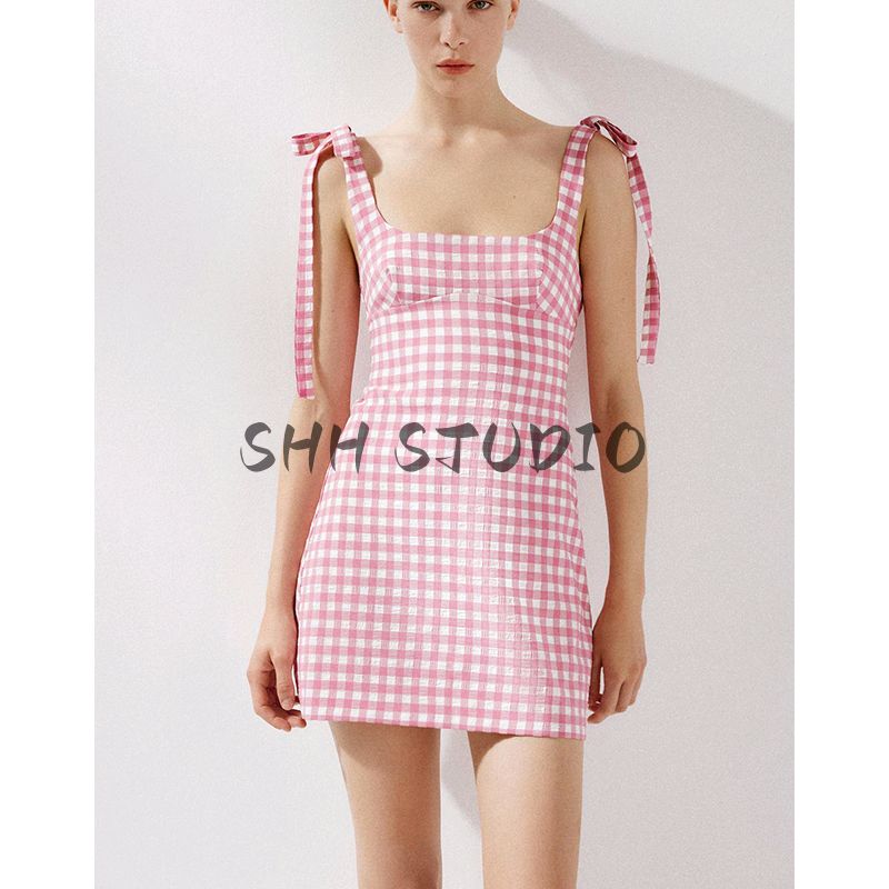 Summer Women's Straight Collar Patchwork Lining Bowknot Decoration Small Plaid Dress 2180305 2180205