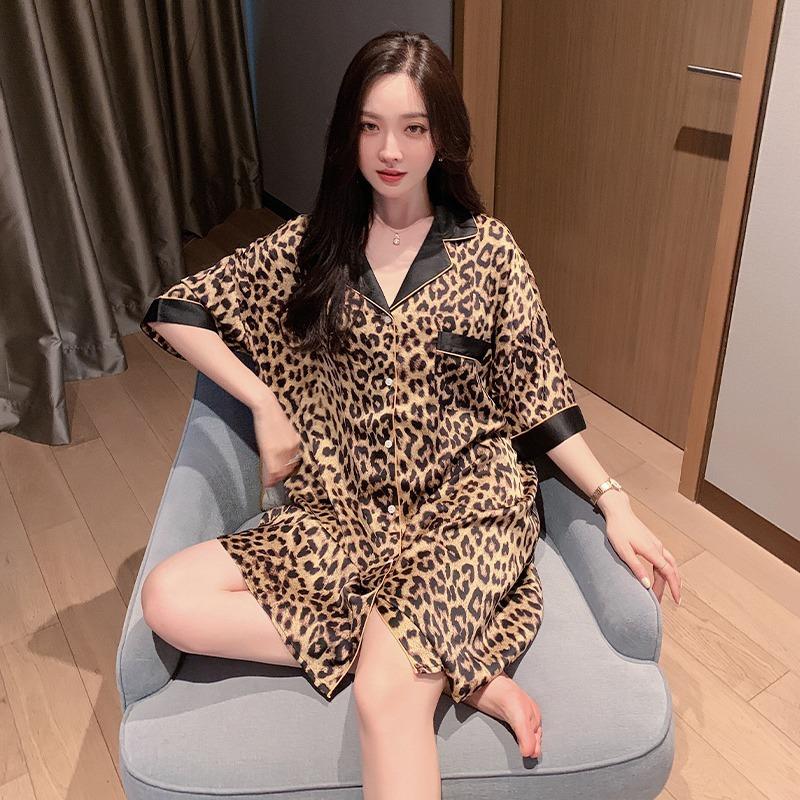 Ice Silk Summer Thin Girl Short-Sleeved Nightdress Cardigan Loose Medium And Long Full Print Loungewear