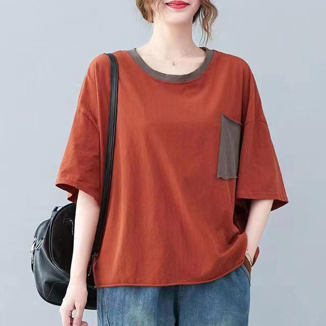 Women s Contrast Trim Pocket Half Sleeve T-Shirt Loose Casual Crew Neck Cotton Top S