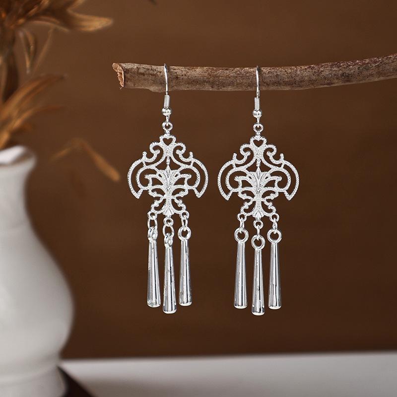 Ethnic Miao Silver Tassel Earrings - Retro Long Dangle Scenic Studs for Women
