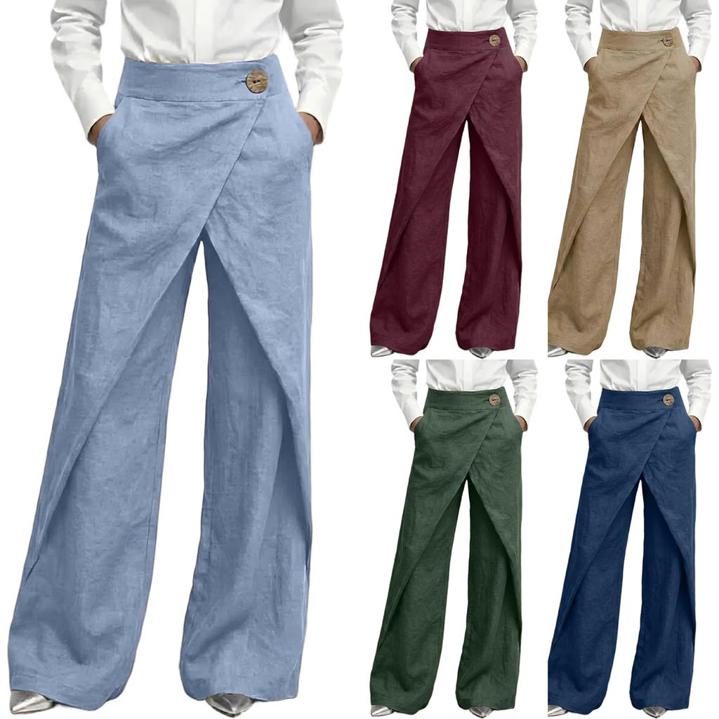 Pantaloni in Lino a Gamba Larga con Chiusura a Incrocio Vita Alta Design Sovrapposto Vestibilità Rilassata da Donna per Ufficio Casual