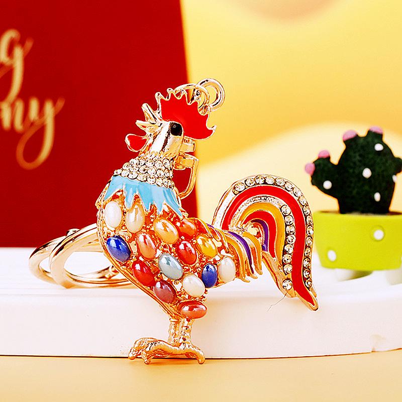 Color Diamond Zodiac Rooster Car Keychain Metal Women'S Bag Pendant Guochao Key Chain Ring Creative Business Small Gift
