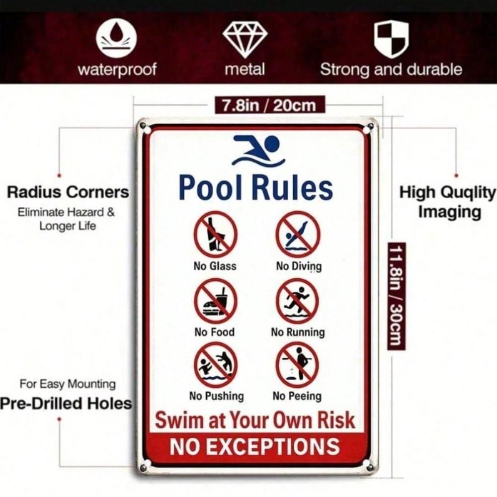 Vintage Metal Pool Rules Sign Decor Retro Tin Plaque Wall Art