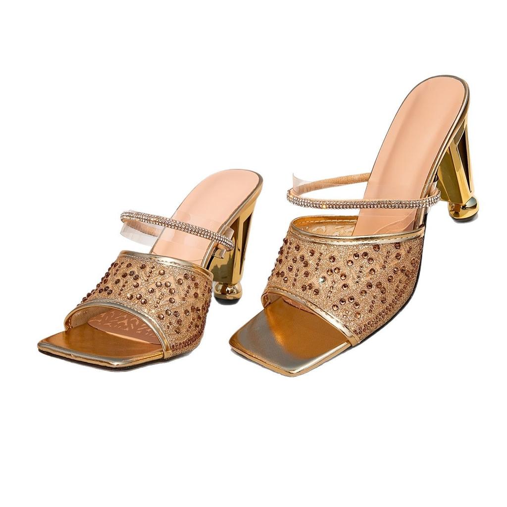 Women's shoes high-heeled sandals gold with diamond chain special-shaped heel women's sandals