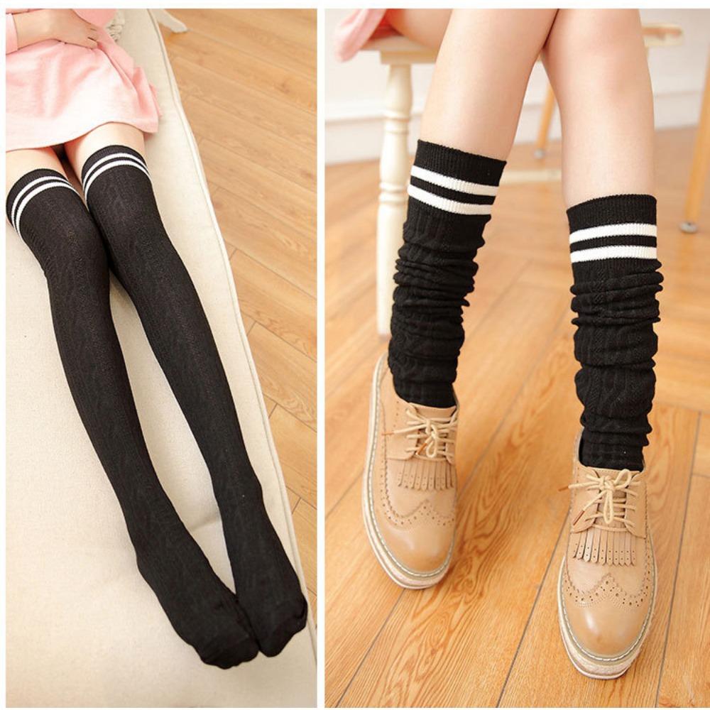 2019 College Style Stockings, Women's Two Bar Twists, Stacking Socks, Japanese and Korean Striped Stockings Over Knee Socks