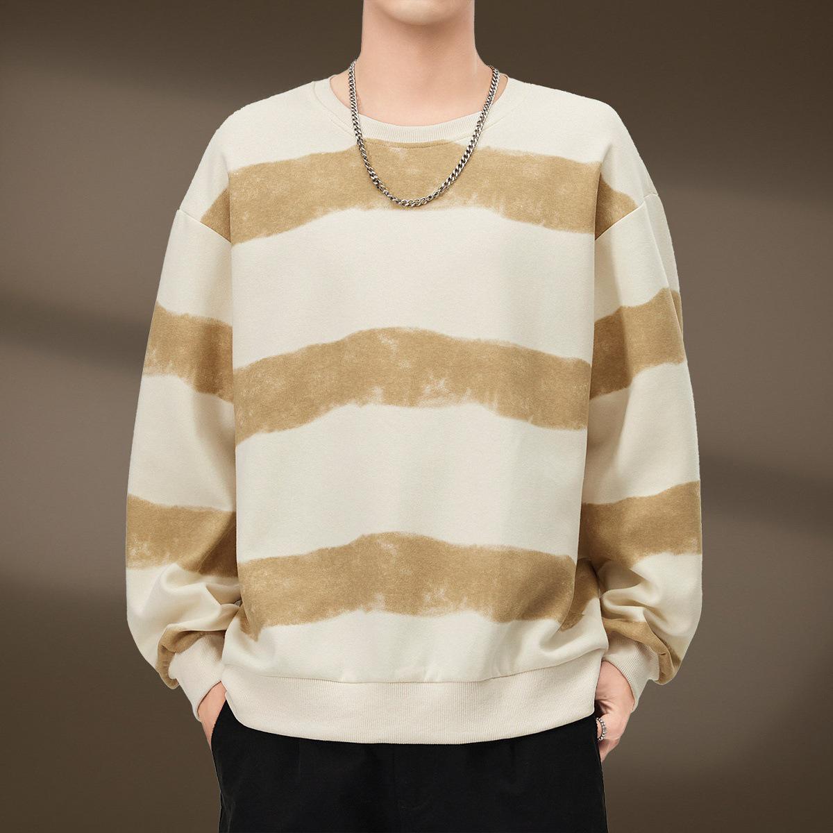 

Men s High-End Color Block Striped Pullover Hoodie - Winter Plus Velvet Warm Round Neck Loose Casual Long Sleeve Top XL for 140-160 jin