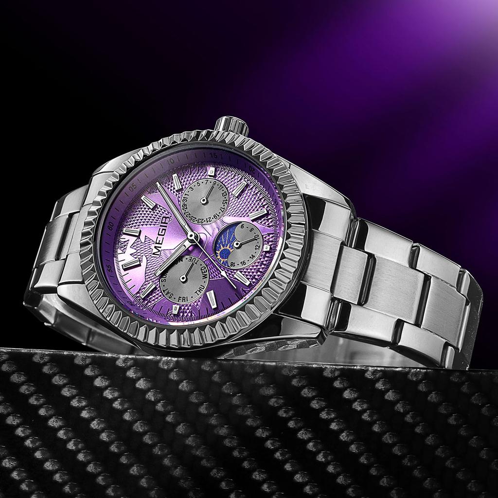 Men's Quartz Watches Stainless Steel Strap Couple Bracelets Wristwatch with Day Date 24-Hour Moon Phase Function Relogio Womens Watch