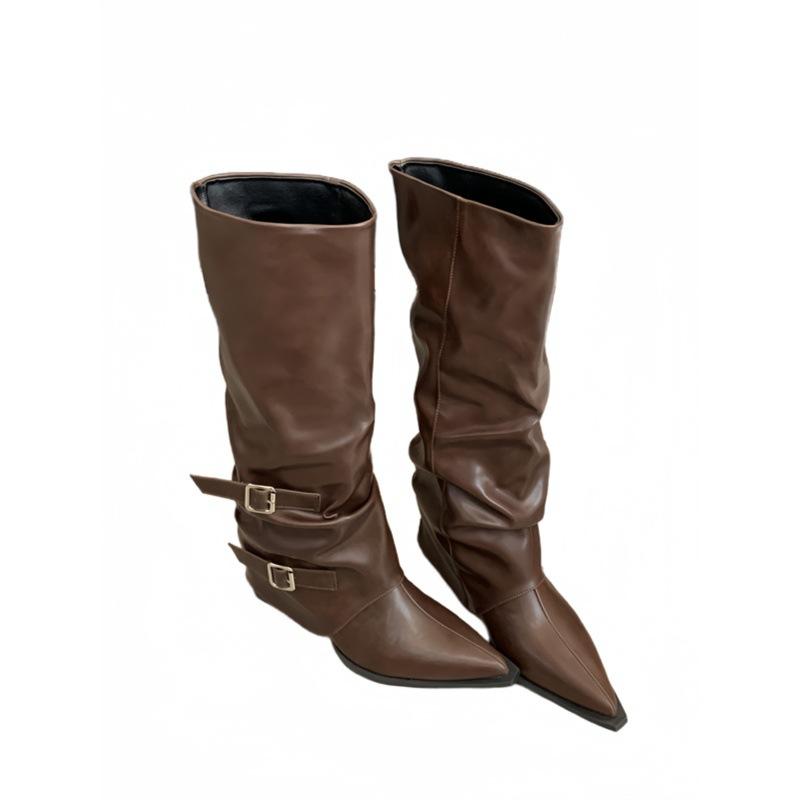 Cowhide Pointed Pants Boots Women's Pleated Pile Boots Thick Heel Punk Knight Boots Fried Street Spice Girls High Heel Boots